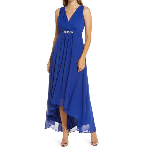Eliza J Sapphire Blue Chiffon Hi Lo V-Neck Gown Dress Wedding Event - Picture 1 of 7